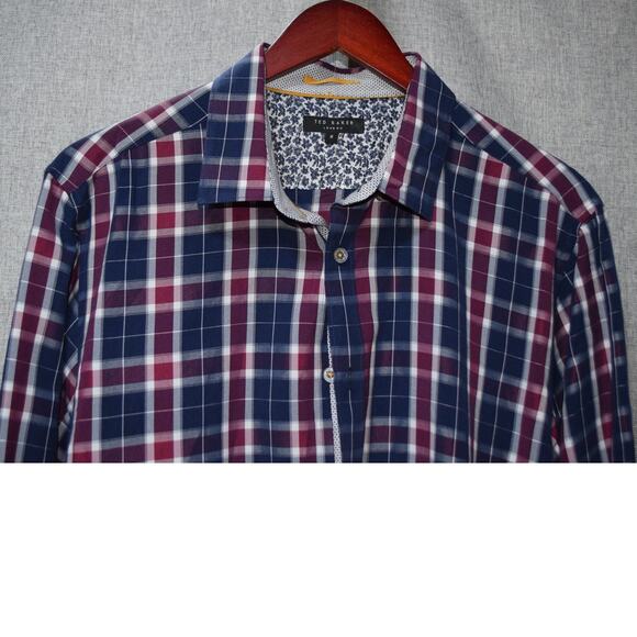 Ted Baker London Navy Burgundy Check Long Sleeve Shirt Size 4 (Large) - Picture 2 of 4